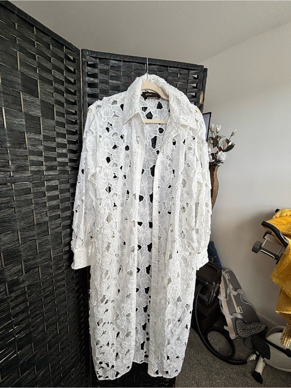 Fashion Nova White Crochet Midi Shirt Dress